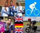 Erkekler yol zaman deneme Bisiklet podyum, Bradley Wiggins (İngiltere), Tony Martin (Almanya) ve Christopher Froome (İngiltere) - Londra 2012-